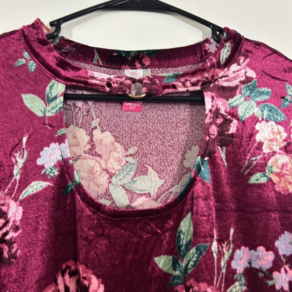 No Boundaries Burgundy Floral Velvet Long Sleeve Top XXXL/3XG Cut Out - Picture 3 of 13